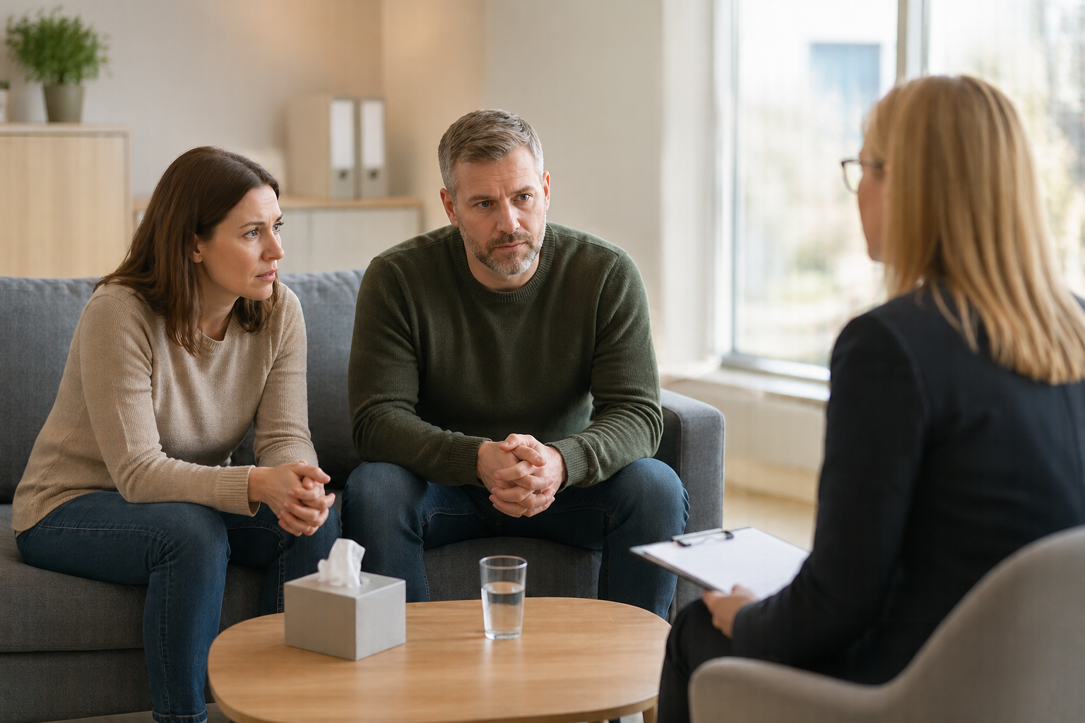 Two people sitting at a table having a conversation, with a mediator facilitating.